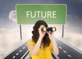 Casual young woman using binoculars