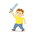 Boy holding sword above his head, caretoon character. Kids playing, childhoood games. Flat vector illustration, isolated Royalty Free Stock Photo