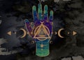 Third eye hand esoteric spiritual icon. Sacred pyramid of knowledge, an all-seeing eye. Mystical geometry, signs of the moon phase