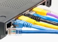 Cat 5 cables in multiple colors in router Royalty Free Stock Photo