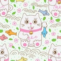 Cat admire caught fish seamless pattern