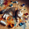 A cat adorned with colorful paints on its paws, amidst scattered paint cans