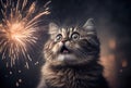 The cat is afraid and shocked by the sound of fireworks with sky background. Pet and animal concept. Digital art illustration.