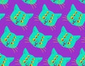 Cat alien monster pattern seamless. Ufo pet face background. Animal mutant texture