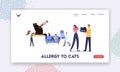 Cat Allergy Landing Page Template. Characters with Allergic Reaction on Pet, Doctor Carry Huge Anti Histamine Remedy