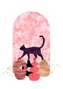 Cat in ancient oriental city landscape. Arch and vases composition. Abstract modern graphic