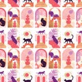 Cat in ancient oriental city landscape. Arches, stairs city wallpaper. Contemporary fabric textile design graphic