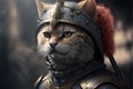 Cat animal portrait dressed as a warrior fighter or combatant soldier concept. Ai generated