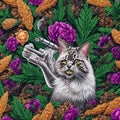 cat animal smoking ganja weed smoking joint in his hand on a floral pattern Royalty Free Stock Photo