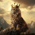 The cat appears like a lion on top of a mountain wearing a crown , AI Generated, cat surreal world, cat lion imagination, cat Royalty Free Stock Photo