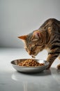Adorable Tabby Cat Enjoying Delicious Meal in Steel Bowl Royalty Free Stock Photo