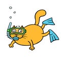 Cat aqualunger immersed in depth. Vector illustration