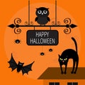 Cat arch back. Kitty on roof. Flying bats, owl, spider. Wrought iron sign board. Happy Halloween card.