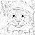 Cat artist in a beret and with brushes.Coloring book antistress for children and adults. Royalty Free Stock Photo