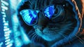 Cat as hooded hacker with reflection of computer code in glasses. Concept of spy, technology, hack, funny animal, cyber security,