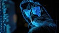 Cat as hooded hacker with reflection of computer code in glasses. Concept of spy, ransomware, technology, hack, funny animal,