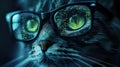 Cat as hooded hacker with reflection of computer code in glasses. Concept of technology, hack, funny animal, cyber security, scam