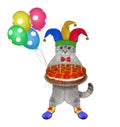 Cat ashen clown holds cake and balloons