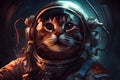 Cat the astronaut in open space. Animal behave like a human.