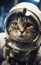 Cat astronaut in a spacesuit in a spaceship plows the expanses of the universe