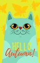 Cat Autumn Card, Vector Illustration. Hello Autumn