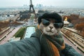 A cat in autumn clothes and glasses takes a selfie in Paris. The concept of travel