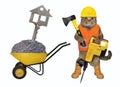 Cat with axe near wheelbarrow with crushed stone Royalty Free Stock Photo