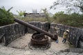 Cat Ba Island, Lan Ha Bay, Vietnam 09.01.2018: Artillery138 mm Cannon Fort gun posts World War II, French during the Indochina War Royalty Free Stock Photo