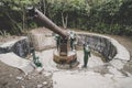 Cat Ba Island, Lan Ha Bay, Vietnam 09.01.2018: Cannon Fort Artillery gun 138 mm Soldiers. The gun posts World War II, French