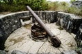 Cat Ba Island, Lan Ha Bay, Vietnam 09.01.2018: Cannon Fort Artillery gun 138 mm Soldiers. The gun posts World War II, French