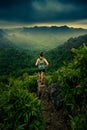 Cat Ba National Park Top of the Hill Young Woman enjoys beautiful view from the Ngu Lam peak in Kim Giao forest Royalty Free Stock Photo