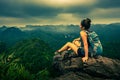 Cat Ba National Park Top of the Hill Young Woman enjoys beautiful view from the Ngu Lam peak in Kim Giao forest Royalty Free Stock Photo