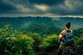 Cat Ba National Park Top of the Hill Young Woman enjoys beautiful view from the Ngu Lam peak in Kim Giao forest Royalty Free Stock Photo