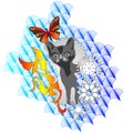 cat on background butterfly and snowflake