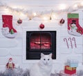 Cat on the background of the Christmas fireplace. Fireplace decorated for Christmas with glowing fire and toys. New year concept Royalty Free Stock Photo