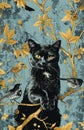 A cat on a background of wallpaper creative pattern birds