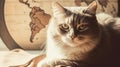 Cat on background of the world map, retro style, idea of postcard for day of cats, generated by AI