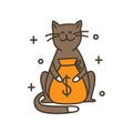 A cat with the bag of money with a dollar symbol. Doodle style. Symbol of wealth, Bank, capital. A simple funny