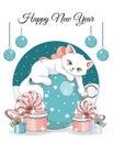 Cat on ball Happy New year card