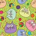 Cat ball rolling green seamless pattern