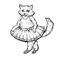 Cat Ballerina In Ballet Dress And Pointe. Vintage Monochrome Hatching Illustration