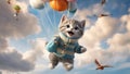 cat with balloons A humorous scene where a Maine Coon kitten, snug in a vibrant sock, is playfully parachuting