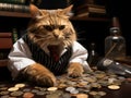 Cat banker counts coins humorous costume