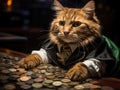 Cat banker counts coins humorous costume
