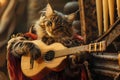 Cat Bard Plays his Lute, Cat Minstrel Song, Pet Troubadour Music, Medieval Cat Singer Royalty Free Stock Photo