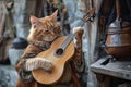 Cat Bard Plays his Lute, Cat Minstrel Song, Pet Troubadour Music, Medieval Cat Singer Royalty Free Stock Photo