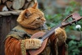 Cat Bard Plays his Lute, Cat Minstrel Song, Pet Troubadour Music, Medieval Cat Singer Royalty Free Stock Photo