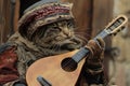 Cat Bard Plays his Lute, Cat Minstrel Song, Pet Troubadour Music, Medieval Cat Singer Royalty Free Stock Photo