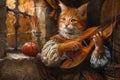 Cat Bard Plays his Lute, Cat Minstrel Song, Pet Troubadour Music, Medieval Cat Singer Royalty Free Stock Photo