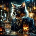 Cat Bartender serving a glass of an alcohol drick at the bar counter. Amazing digital illustration. CG Artwork